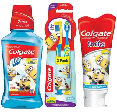 KIT COLGATE MINIONS:CREME DENTAL 100G +ESCOVA DENTAL +6 ANOS + ENXAGUANTE BUCAL KIDS 250ML