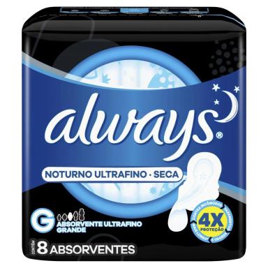 ABSORVENTE ALWAYS NOITES TRANQUILAS SECA COM ABAS 8 UNIDADES