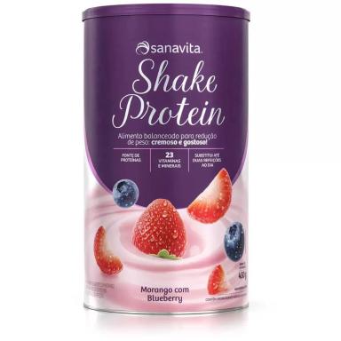 SUPLEMENTO EM Pó SANAVITA SHAKE PROTEIN WHEY 23 VITAMINAS E MINERAIS 450ML SABOR Morango C/ Blueberry