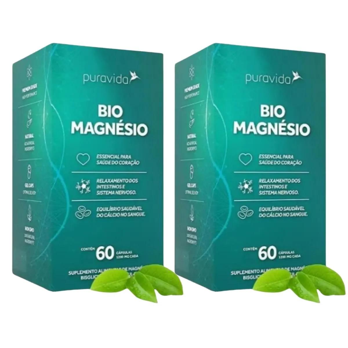 KIT 2 BIO MAGNéSIO PURAVIDA 1200 MG 60 CáPSULAS SEM Sabor
