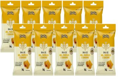 BALA DE MEL COM PRóPOLIS E GENGIBRE 10UNI DE 30GR CADA - ZIINZIIN