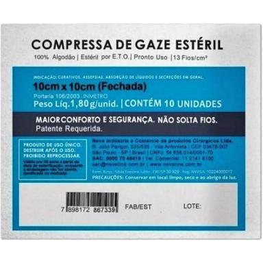 COMPRESSA GAZE NEVE ESTéRIL 13 FIOS 10X10CM - 10 COMPRESSAS