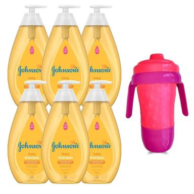 KIT 6 SHAMPOOS JOHNSON'S BABY REGULAR 750ML + COPO DE TRANSIçãO ROSA E ROXO