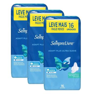 KIT COM 3 ABSORVENTE SEMPRE LIVRE ADAPT PLUS SUAVE COM ABAS 16 UNIDADES