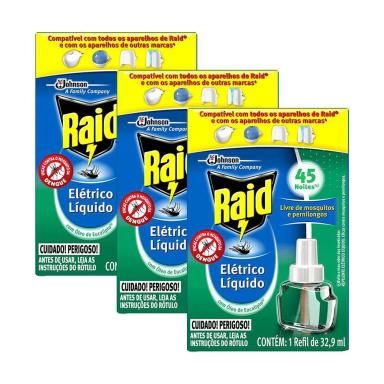 KIT 3 REFIL REPELENTE ELéTRICO RAID LíQUIDO ÓLEO DE EUCALIPTO 32,9ML