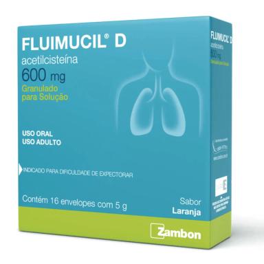 Fluimucil D Acetilcisteína 600mg Granulado Sabor Laranja Solução Oral 16 envelopes de 5g cada