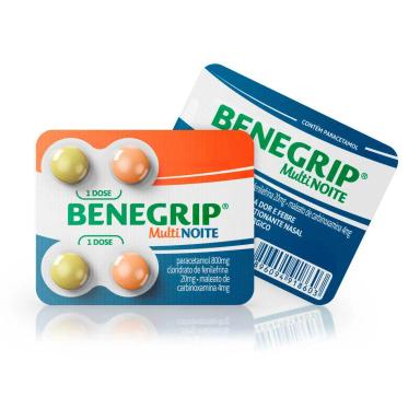Benegrip MultiNoite Paracetamol 800mg + Cloridrato Fenillefrina 20mg + Maleato de Carbinoxamina 4mg 4 comprimidos