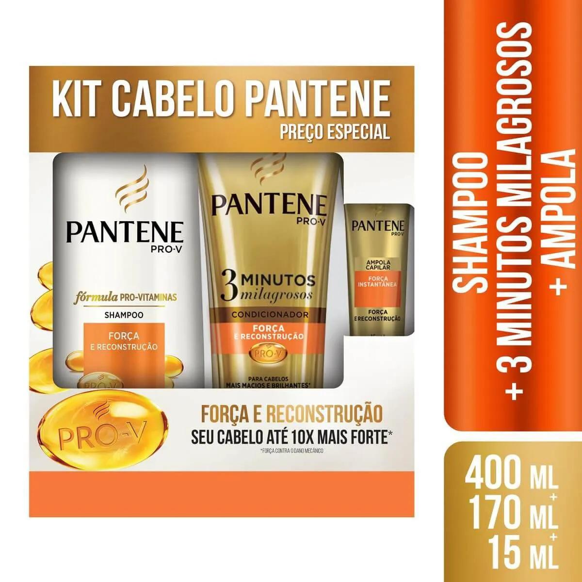 Kit Pantene 3 Minutos Força e Reconstrução com Shampoo 400ml + Condicionador 170ml + Ampola 15ml