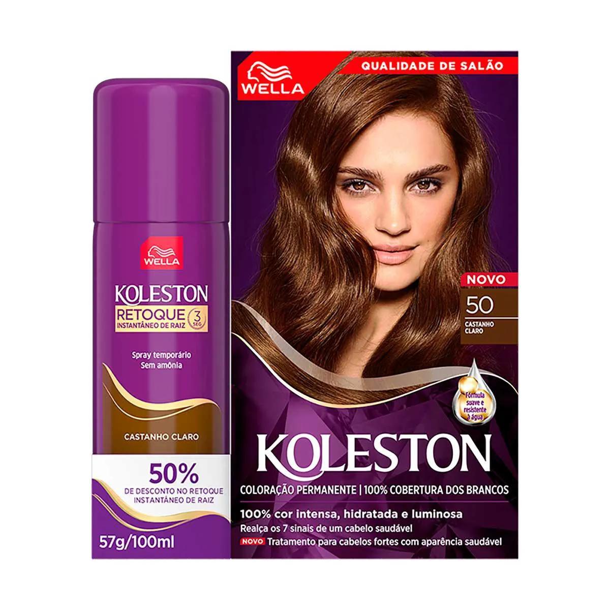 Kit Wella Koleston Tintura Castanho Claro 50 + Retoque Instantâneo Spray Castanho Claro