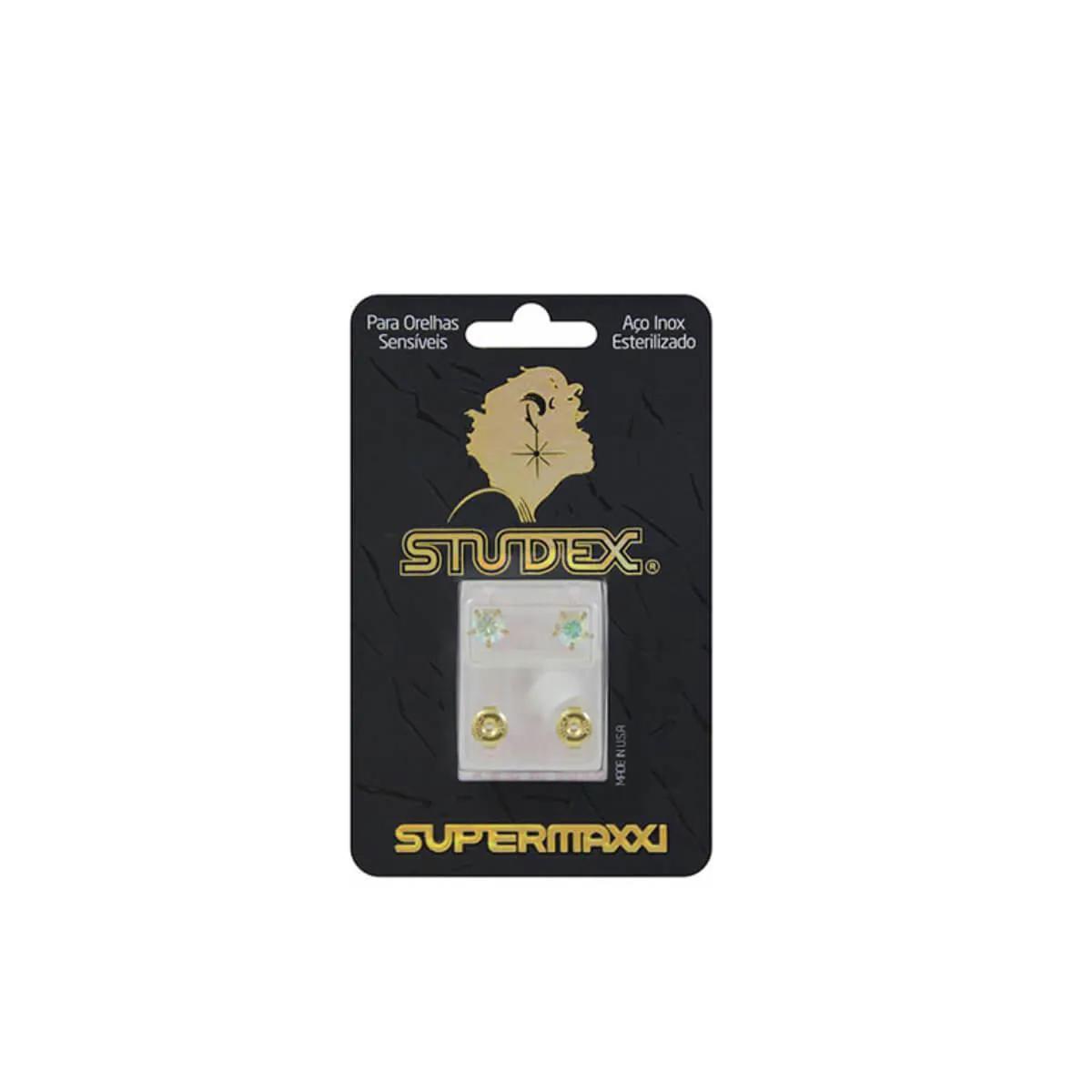 Brinco Studex Supermaxxi Dourado Pedra Cristal Espelhado com 1 par