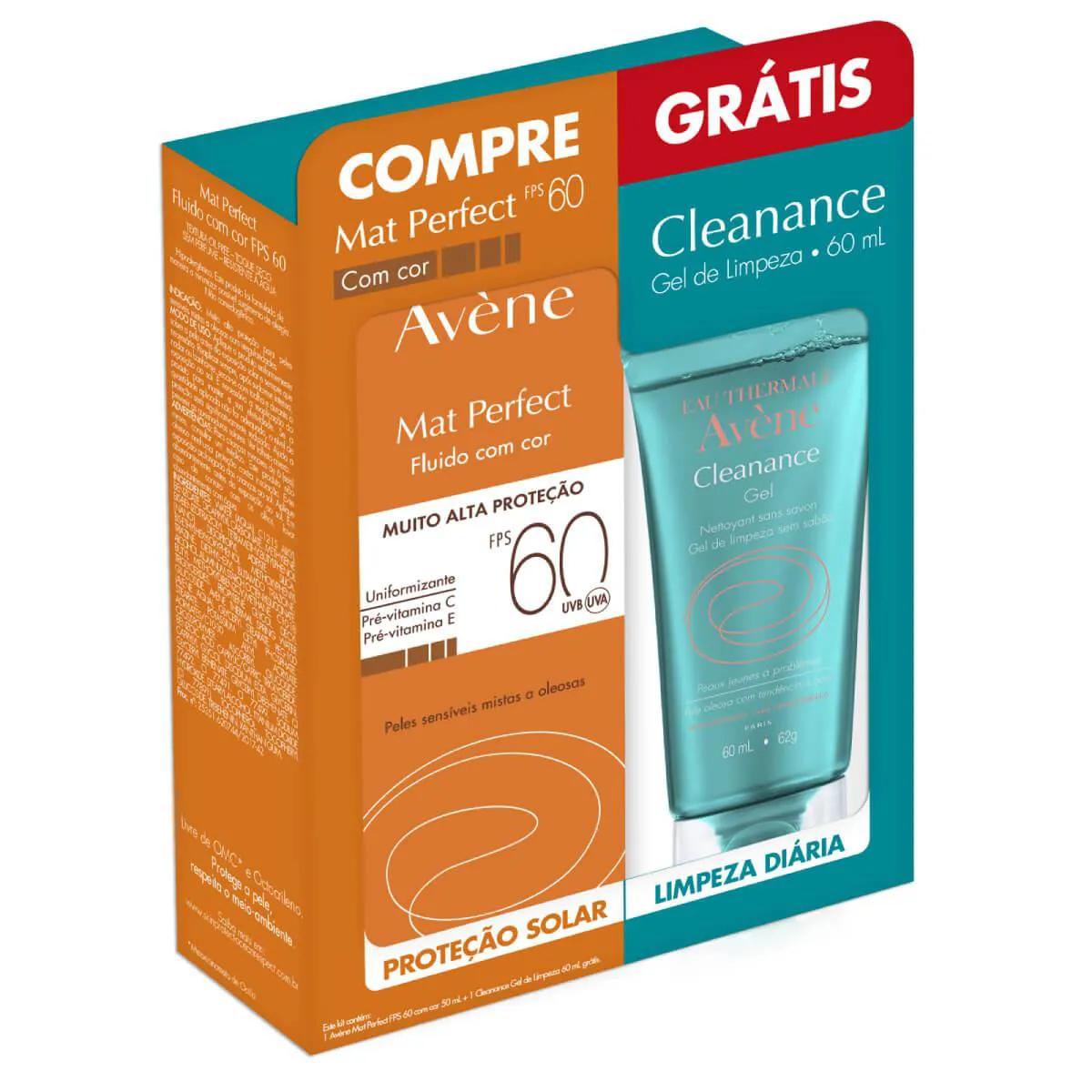 Kit Avène com Protetor Solar Facial Mat Perfect Com Cor FPS 60 com 50ml + Gel de Limpeza Corporal Cleanance com 60ml