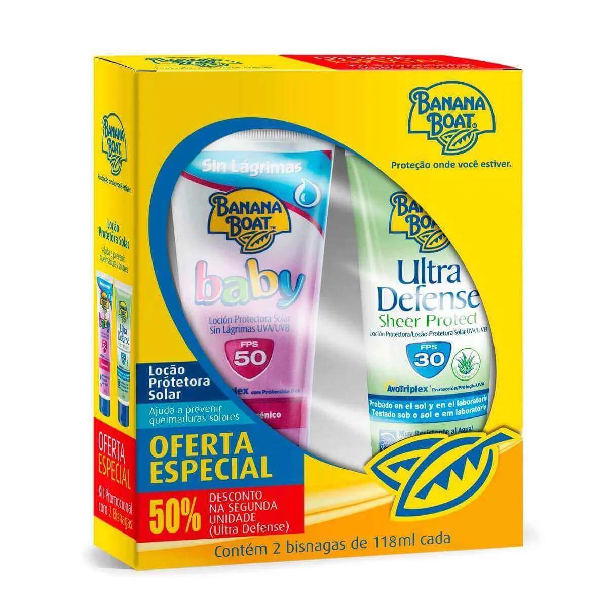 Kit Protetor Solar Banana Boat com 1 Protetor Infantil Baby FPS 50 com 118ml + 1 Protetor Adulto Banana Boat FPS 30 com 118ml