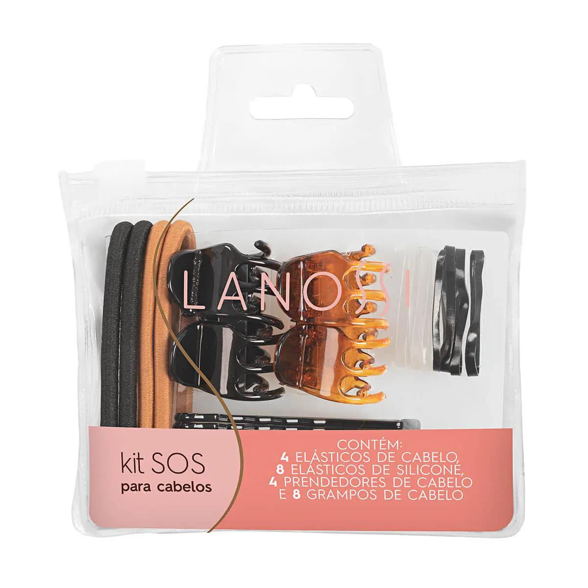 Kit SOS para Cabelos Lanossi Cores Mistas com 4 elásticos de cabelo + 8 elásticos de silicone + 4 presilhas + 8 grampos