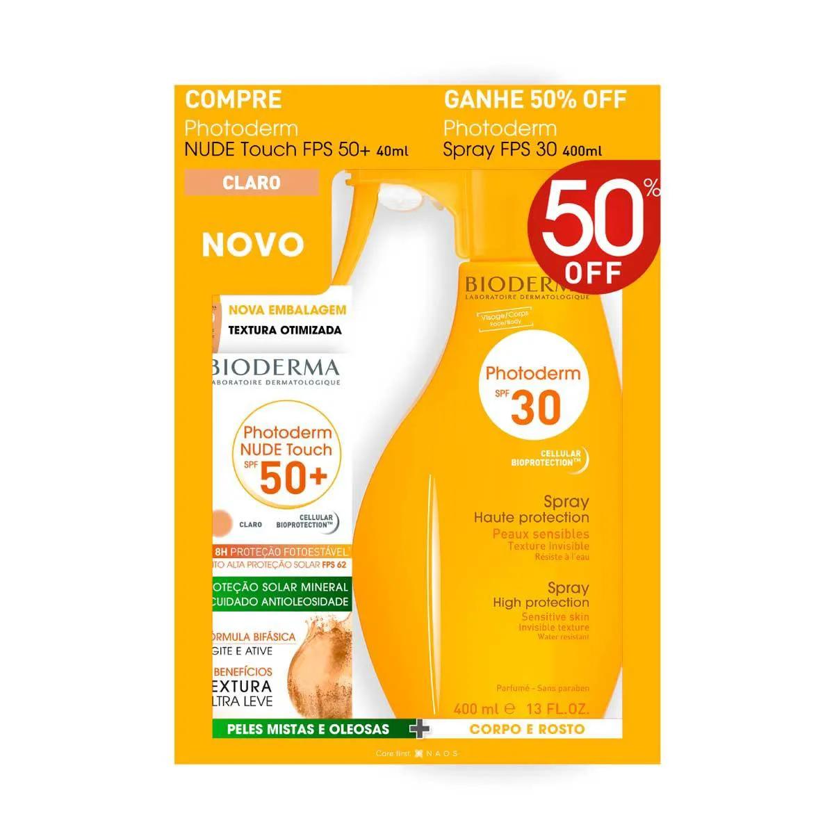 Kit Protetor Solar Photoderm Nude Touch FPS 50+ Cor Clara com 40ml + Spray Photoderm FPS 30 com 400ml