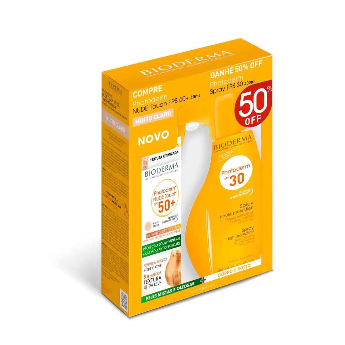 Kit Protetor Solar Photoderm Nude Touch FPS50+ Cor Muito Claro com 40ml + Spray Photoderm FPS 30 com 400ml