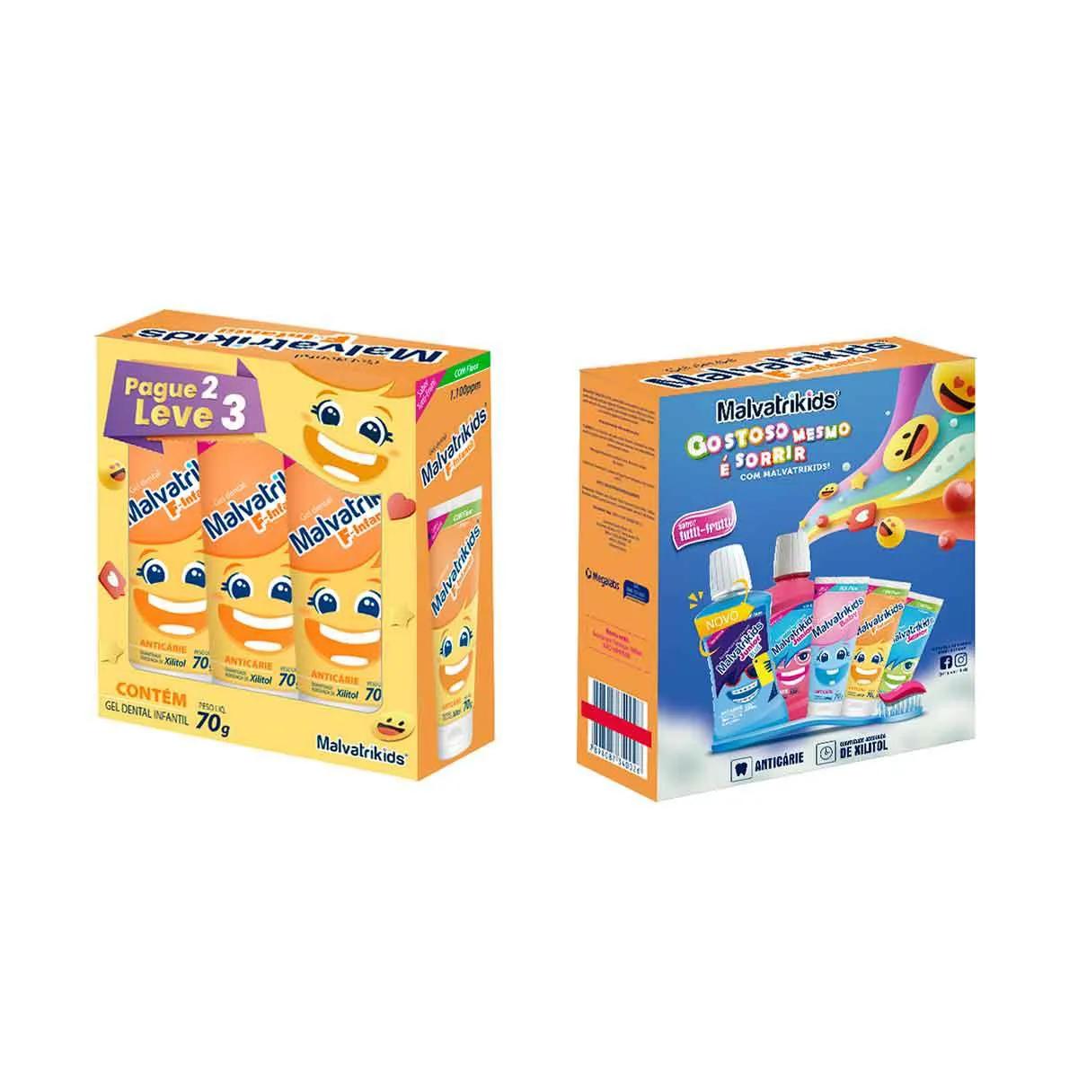 Kit Gel Dental Malvatrikids F-Infantil Anticárie Tutti-Frutti com 3 Unidades