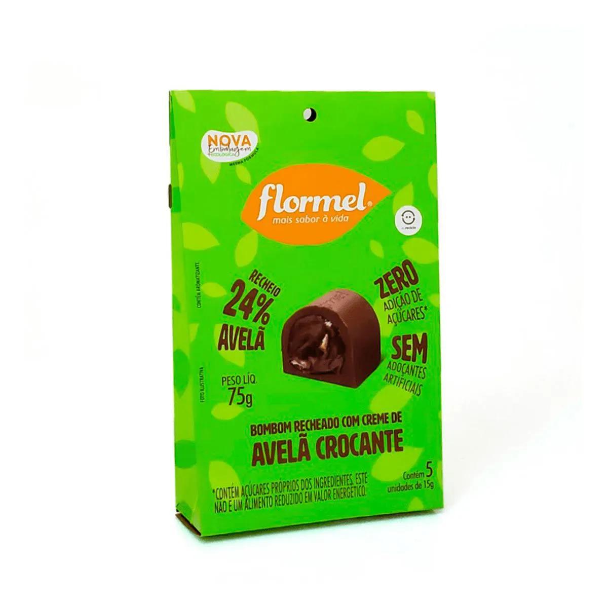 Bombom Recheado Flormel Creme de Avelã Crocante Zero Açúcar com 75g