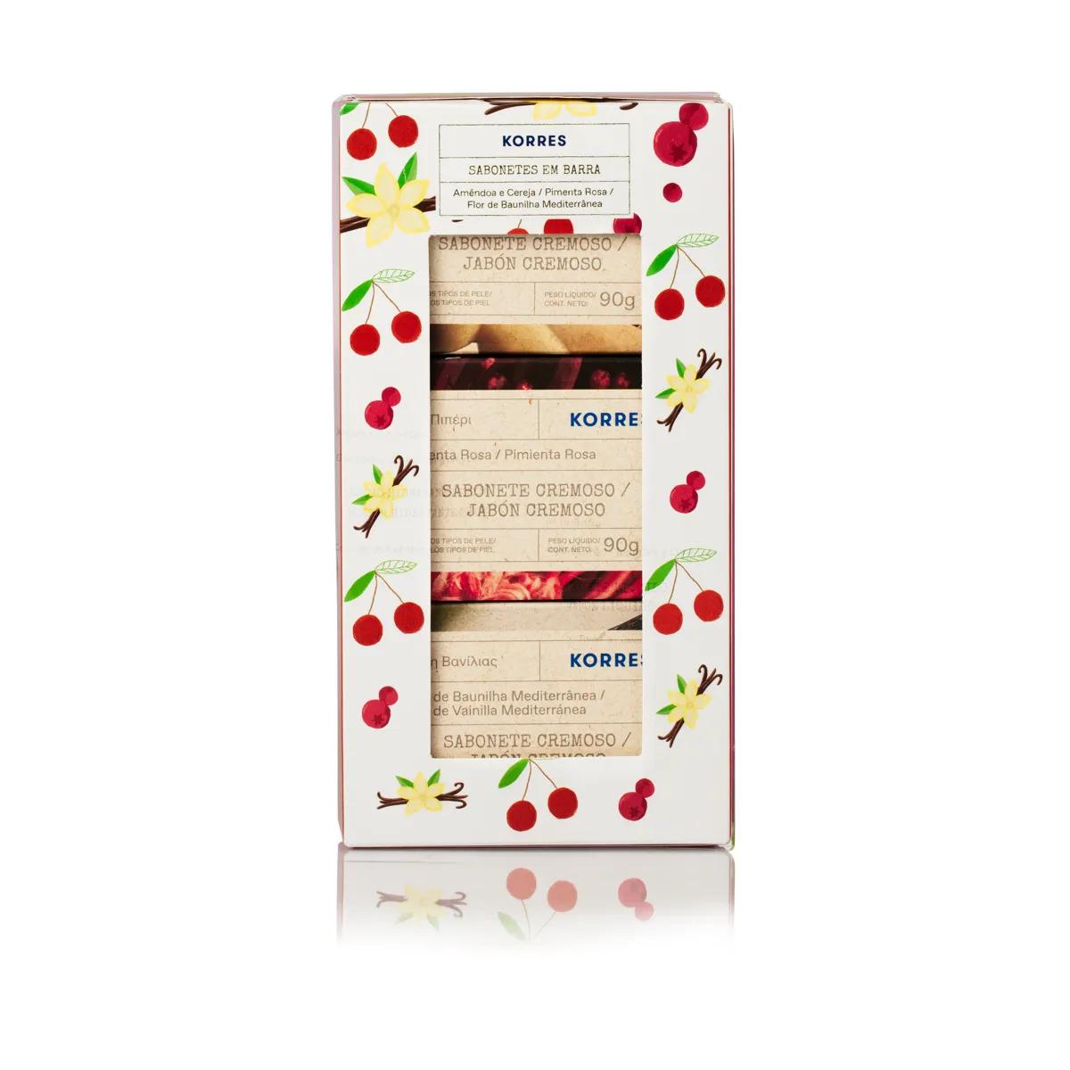 Kit Presente Korres Sabonetes em Barra Amêndoa e Cereja, Pimenta Rosa e Flor de Baunilha Mediterrânea 3 unidades com 90g cada