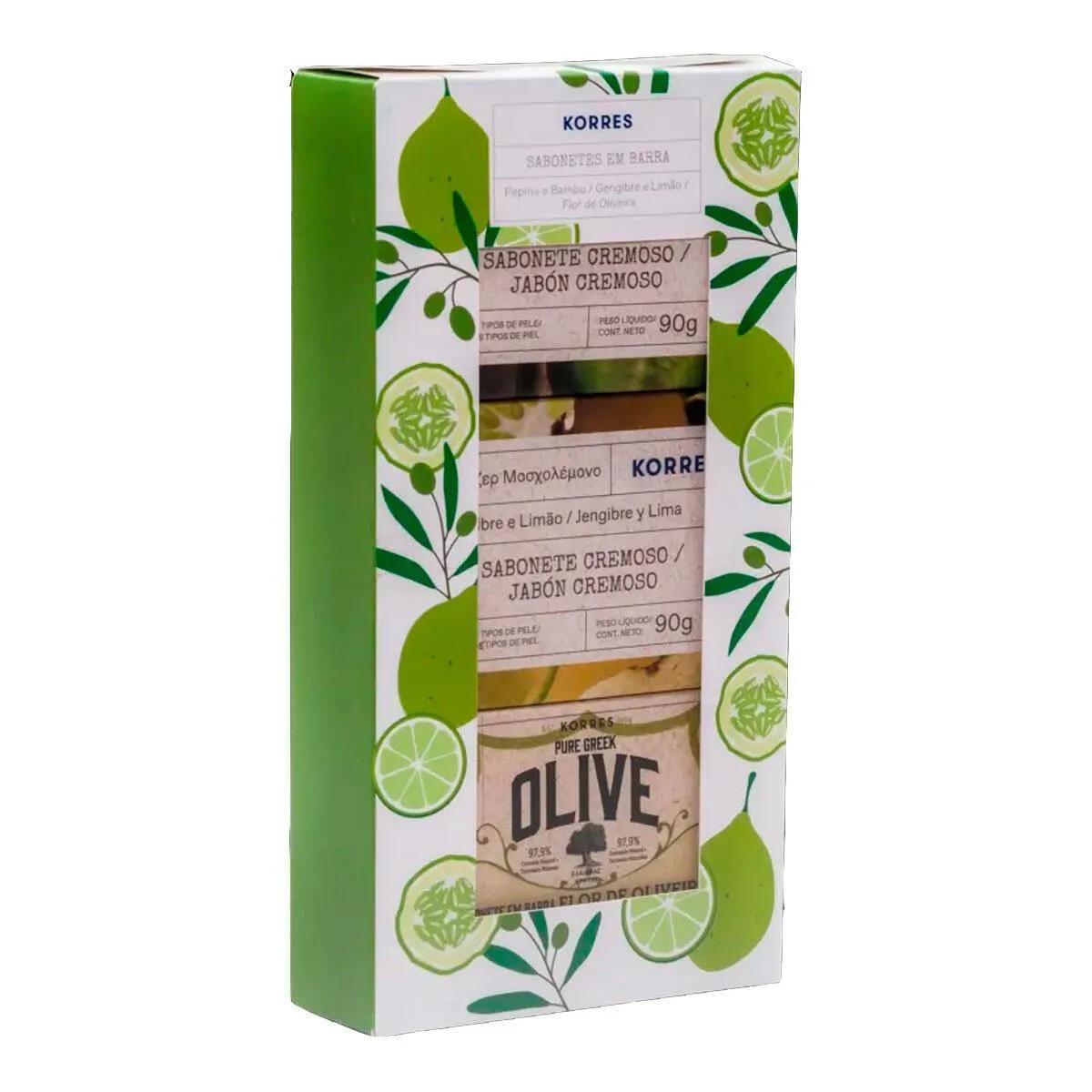 Kit Presente Korres Sabonetes em Barra Pepino e Bambu, Gengibre e Limão, Oliva e Flor de Oliveira 3 unidades com 90g cada