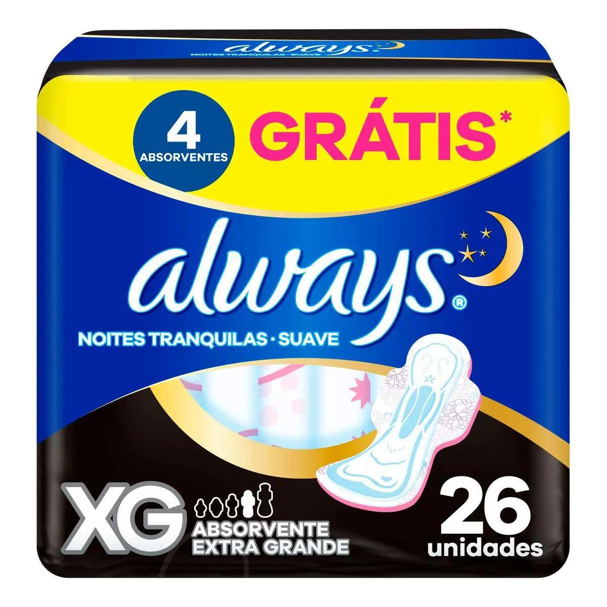Absorvente Always Noites Tranquilas Cobertura Suave XG com Abas 26 Unidades