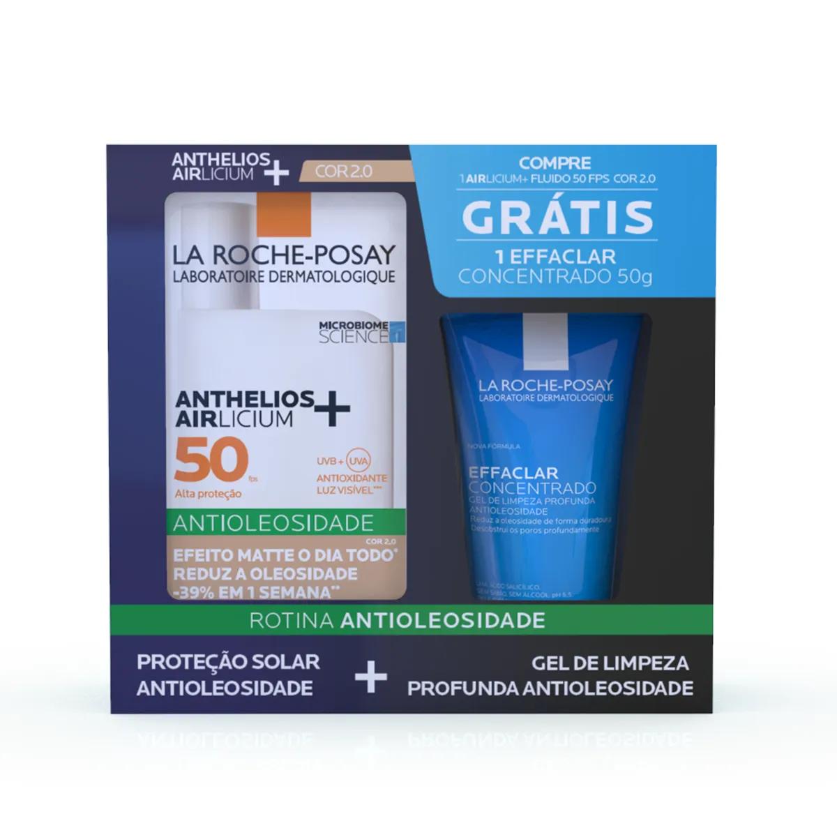 Kit La Roche-Posay Protetor Solar Anthelios Airlicium+ FPS 50 Cor 2.0 40g + Gel de Limpeza Facial Effaclar Concentrado 50g
