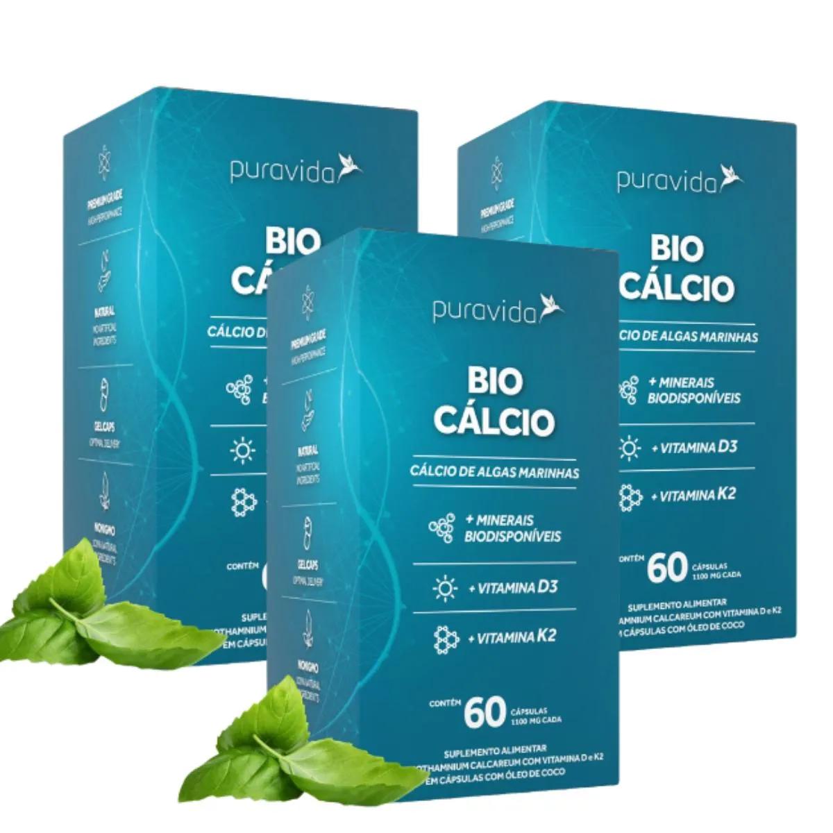 KIT 3 BIO CáLCIO MARINHO MINERAIS VITAMINAS D3 K2PURAVIDA Sem Sabor