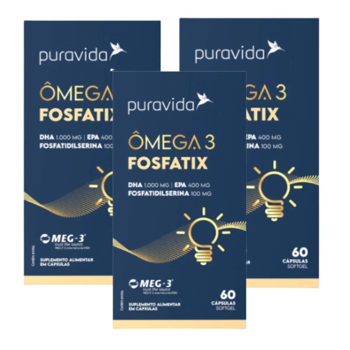 KIT 3 ÔMEGA3 FOSFATIX RICO DHA CERTIFICADO PURAVIDA ORIGINAL SEM Sabor