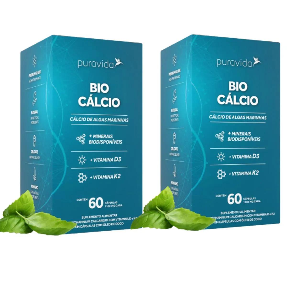 KIT 2 BIO CáLCIO MARINHOMINERAIS VITAMINAS D3 K2PURAVIDA Sem Sabor