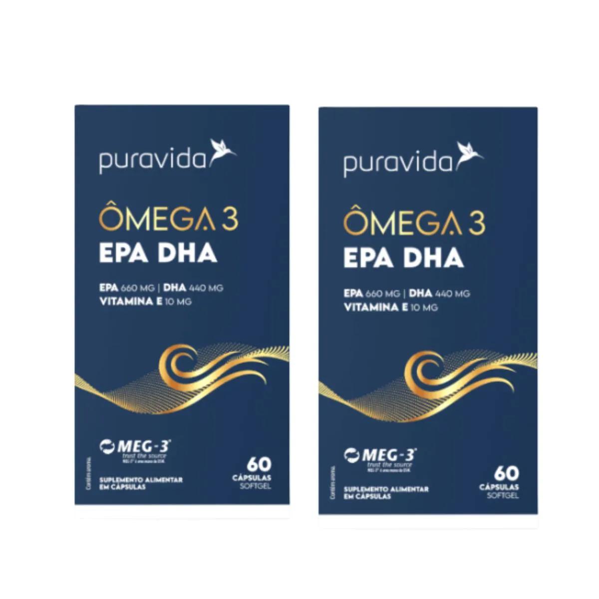 KIT 2 ÔMEGA 3 EPA E DHA VITAMINA PURAVIDA SEM Sabor